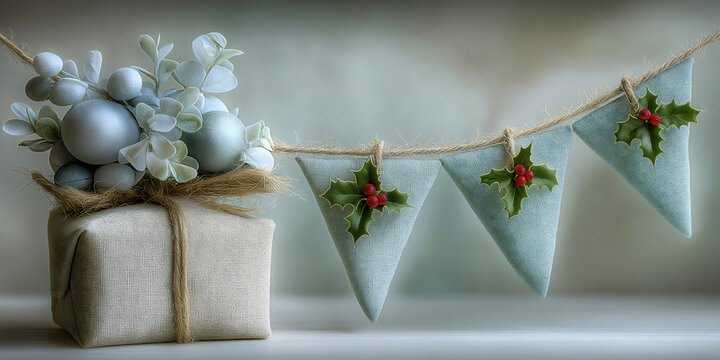 Christmas bunting banner with holly berries, fabric wrapped gift box, eucalyptus greenery on neutral background.