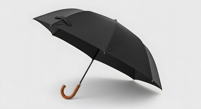 Elegant black rain umbrella featuring a natural wooden handle, perfect for weather protection and daily use on a clean background
