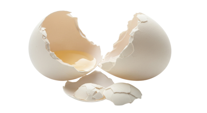 Cracked Broken Egg Shells with Yolk Liquid Isolated PNG Cutout Transparent
