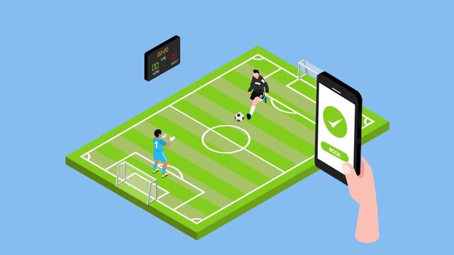 Online Soccer/Football Match Booking or Streaming with Mobile App and Field View 3d animation cartoon