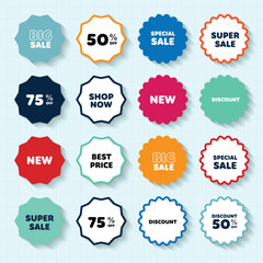 Set of Sale badges. Sale quality tags and labels. Template banner shopping badges. Special offer, sale, discount, shop, black friday. 