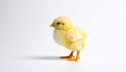 Yellow chick standing on white surface facing left