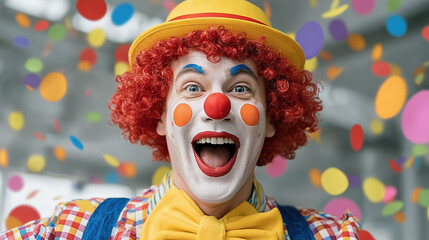 Joyful Smiling Circus Performer with Red Wig and Makeup Portrait. Ai Generated Images