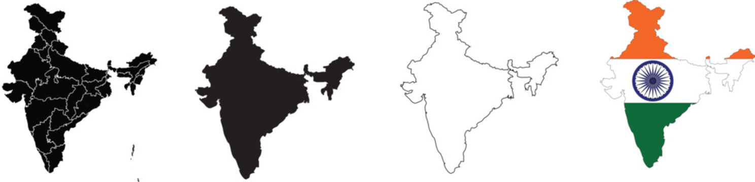 Map Set of India, Silhouette, Outline, Flag Map, and Region Map