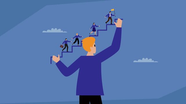 Career Growth and Supportive Leadership Concept: Giant Man Helping Team of Employees Climb Stairs to Success and Achieve Goals cartoon animation