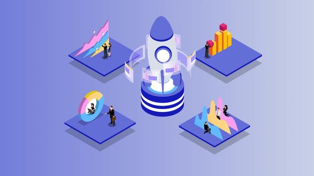 Business Startup Launch and Data Analysis: Rocket Symbolizing Growth and Success Strategy 3d animation cartoon