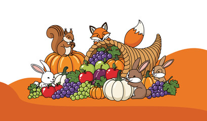 Thanksgiving Harvest Adorable Animal Friends Gather Fruits and Vegetables