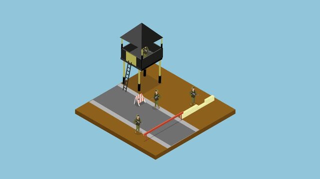 Military Border Security Checkpoint: Soldiers Guarding Restricted Area with Watchtower and Barrier 3d animation cartoon