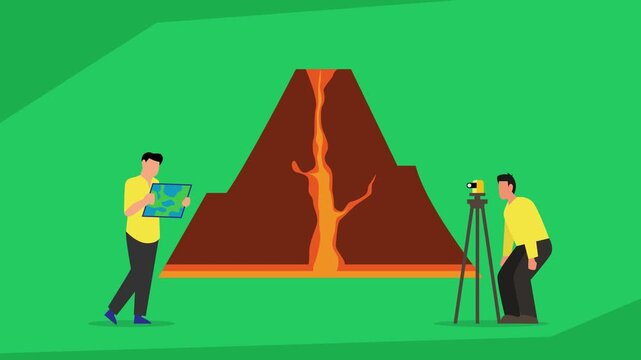 Volcano Research and Geology Fieldwork: Scientists Studying Magma Flow and Eruption Risk cartoon animation