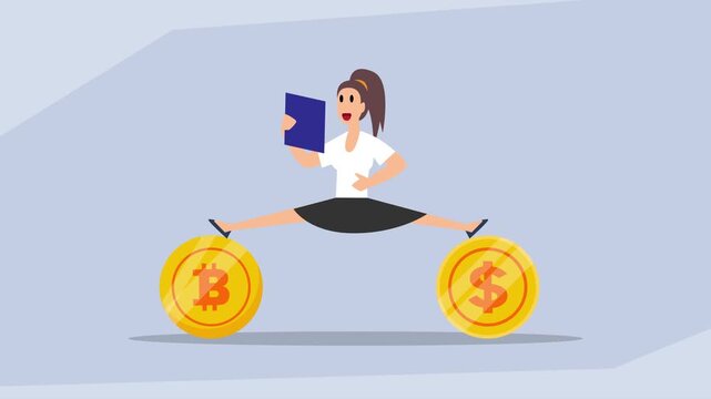 Balancing Traditional Currency and Cryptocurrency: Financial Strategy and Asset Management cartoon animation