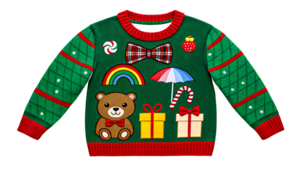 Green christmas sweater with teddy bear gifts candy cane and festive decorations
