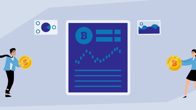Cryptocurrency Market Analysis: Comparing Bitcoin (Crypto) and Dollar (Fiat) Investment, with Candlestick Chart and Financial Data cartoon animation