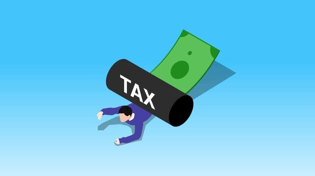 Isometric Tax Burden Concept: Businessman Crushed by a Roller Labeled TAX as His Money is Taken Away by the System 3d animation cartoon