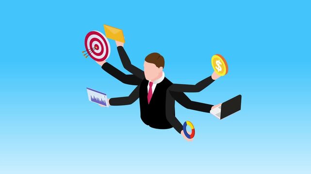 Multitasking business productivity and efficiency concept. Busy businessman with multiple arms juggling tasks, data, finance, and communication in a challenging workload 3d animation cartoon
