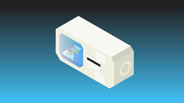 Isometric Future Cryogenic Sleep Chamber for Space Travel or Medical Hypersleep 3d animation cartoon