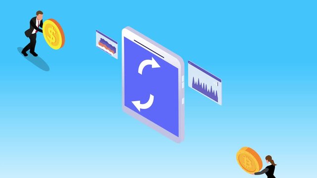 Isometric Cryptocurrency or Digital Asset Exchange and Trading Concept with Business People and Tablet 3d animation cartoon