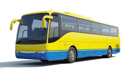 Bright yellow and blue coach bus on a white background