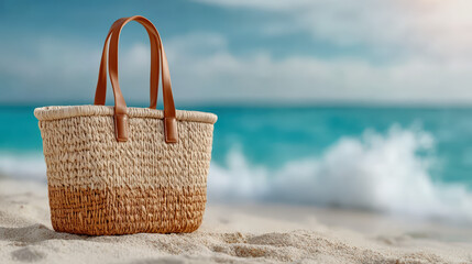 Close Up Woven Straw Beach Bag On Sandy Coastline Overview. Ai Generated Images
