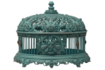Vintage ornate wrought iron bird cage lantern, natural green verdigris turquoise patina isolated on a transparent background.