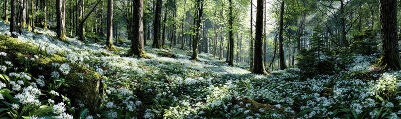 Sunlit forest floor blanketed in wildflowers