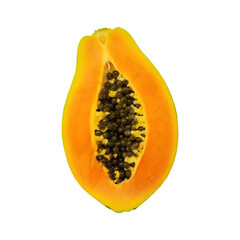 Sliced papaya showing vibrant orange flesh and black seeds on a white background