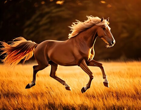 A golden grassland with a golden steed racing through it