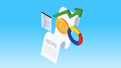 Bitcoin Cryptocurrency Growth and Financial Analysis with News Report, Pie Chart, and Uplift Arrow 3d animation cartoon - Powered by Adobe