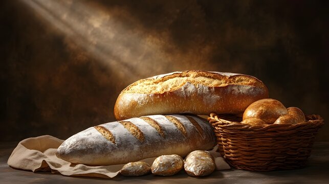Catholic still life of five loaves of bread and two fish.
