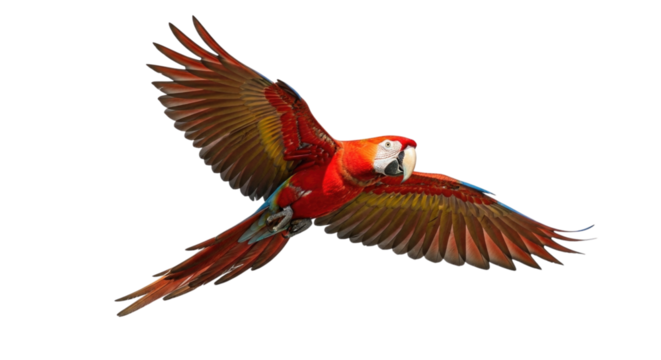 Scarlet Macaw Parrot Flying with Spread Wings Isolated PNG Cutout Transparent