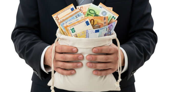 Business Man Holding Bag Full of Euro Cash Money Isolated PNG Cutout Transparent