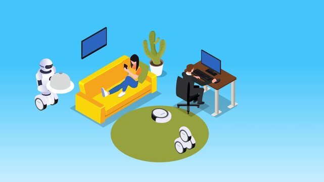 Smart Home Automation: People Working and Relaxing with Service and Cleaning Robots 3d animation cartoon