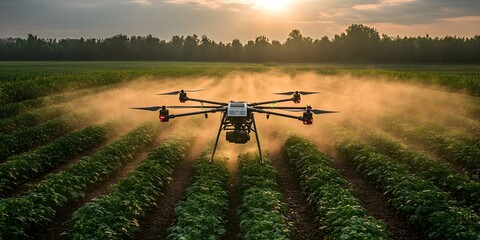 Smart drone spreading fertilizer over crops