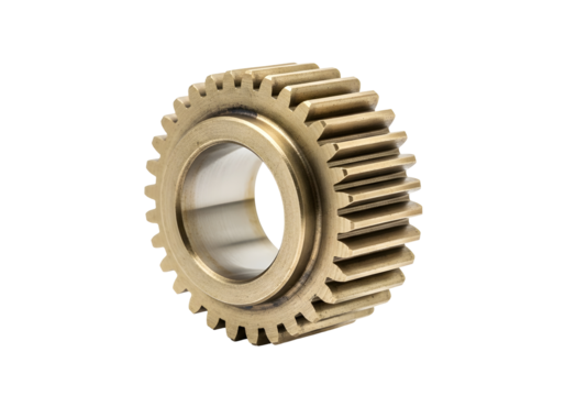 Close-up of a brass or bronze spur gear cogwheel, isolated on a transparent background.
