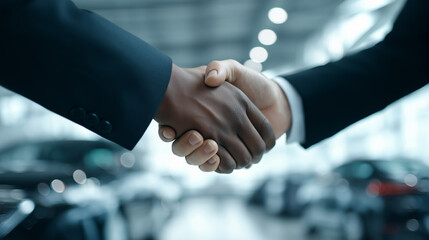 Handshake between car dealership person and customer in showroom, symbolizing agreement, trust and successful automobile purchase for car sales, dealership and automotive business concepts.