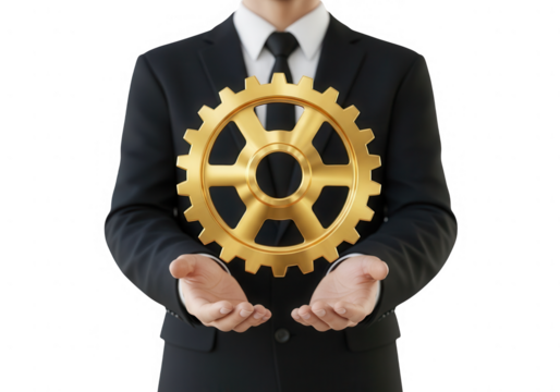 Businessman holding golden gear isolated on transparent background - Powered by Adobe