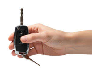 Hand Holding Modern Car Key Fob and Key Isolated PNG Cutout Transparent
