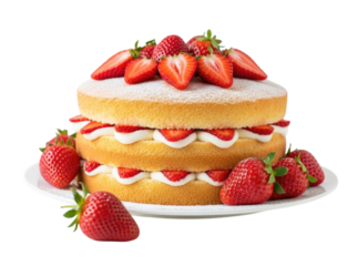 Delicious Victoria Sponge Cake with Fresh Strawberries and Cream Isolated PNG Cutout Transparent