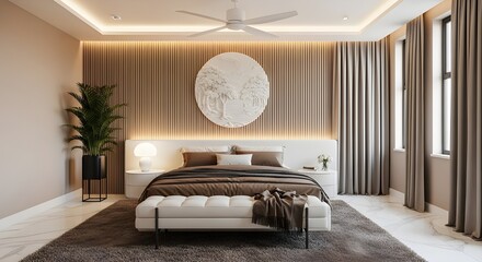 Luxurious modern bedroom interior design with warm ambient lighting, neutral colors, and king size bed.