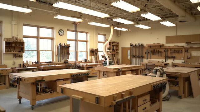 Serene Empty Woodworking Workshop and Classroom Featuring Multiple Light Wood Workbenches Wall-Mounted Hand Tools and Bright Natural Lighting
