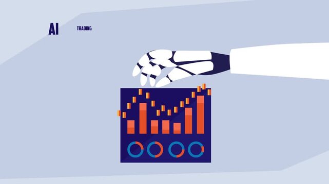 AI Trading Robot Concept: Robotic Hand Interacting with Financial Stock Market Data and Automated Trading Graph cartoon animation