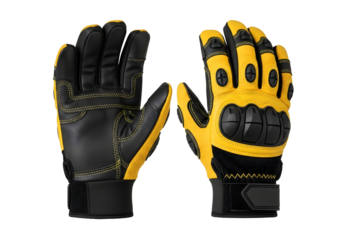 Pair of heavy-duty black and yellow protective work gloves with knuckle padding, isolated.