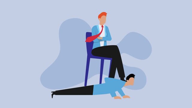 Workplace Domination and Exploitation Concept: Boss Sitting on Chair While Subordinate is Forced to do Push-ups Underfoot cartoon animation