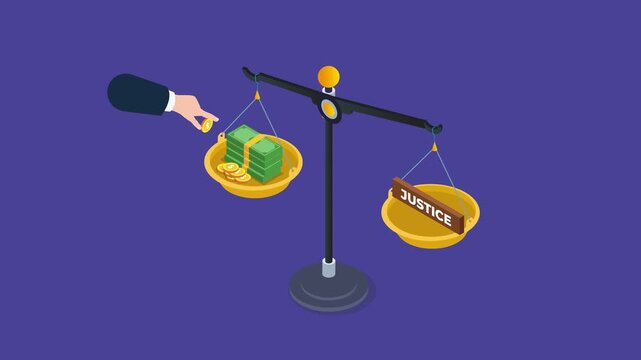 Corruption and Bribery Concept: Hand Adding Money to Scales of Justice to Outweigh the Concept of Justice 3d animation cartoon