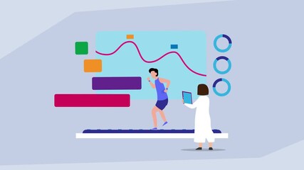 Sports Science and Health Monitoring: Athlete Running on Treadmill While Doctor or Scientist Analyzes Performance Data and Metrics cartoon animation - Powered by Adobe