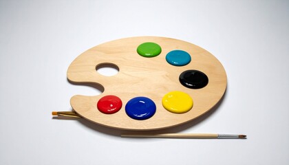 Artist palette with five paint colors and a brush on neutral background.