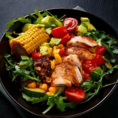 grilled chicken, avocado, cherry tomatoes, fresh mixed greens, and a gourmet salad bowl