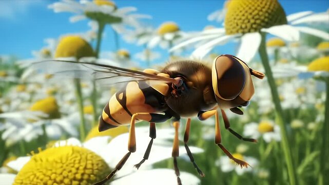 Stunning Macro Shot of a Hoverfly Flying Among White Chamomile Flowers Against a Bright Blue Sky Close-up of Insect Life and Natures Pollination
