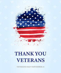 Grunge artistic American flag with the text 'Thank you veterans' on a light blue background, honoring those who served. Veteran's day concept.