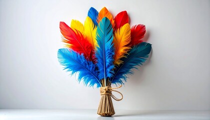 Colorful feathers fanned and tied with twine on light background.