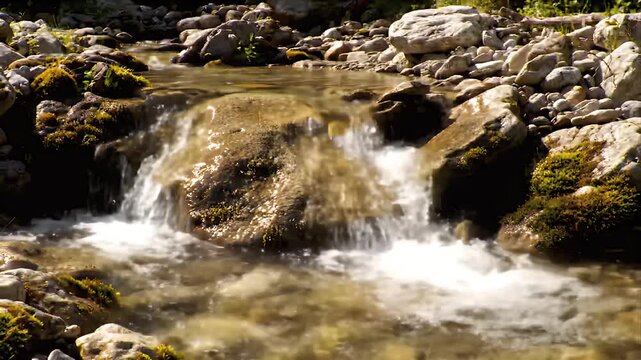 Crystal clear water flows gently over mossy rocks in a serene forest stream capturing the peaceful beauty of nature with tranquil cascades and shimmering